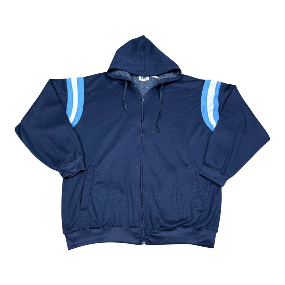 Vintage 90s Lee Sports Navy Blue Stripe Shoulder Full Zip Hoodie Men's Large